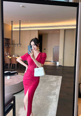 Short Sleeve Front Slit Ruched Belted Dress